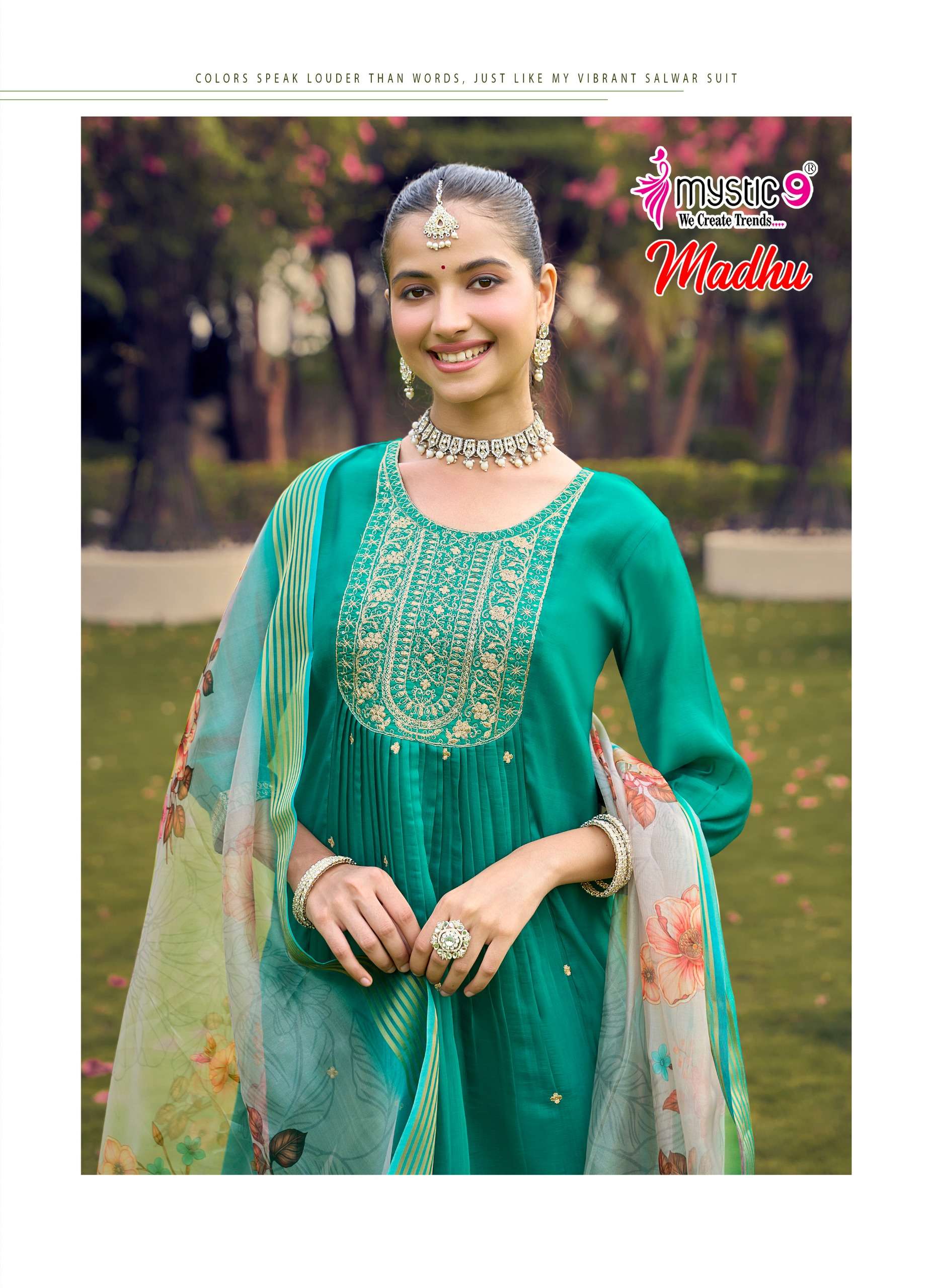 MYSTIC 9 MADHU VOL 1 CHANDERI DYED FLARED CUT CATALOGUE RUND KURTI PANT SUIT TEENAGE BUY